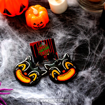 Maxi Brinco de Gato Preto Black Cat Vintage Halloween Dia das Bruxas com Base em Aço Inox