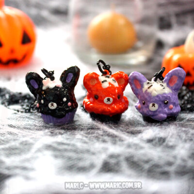 Colar Urso e Coelho Cupcake Kawaii Dia das Bruxas Halloween com Corrente Preta
