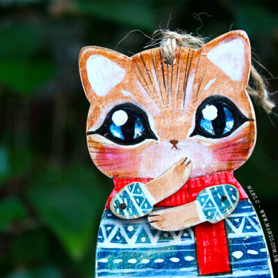 Toy Art Boneca Móvel de Madeira Gato Inverno com Pintura Rústica Cottagecore