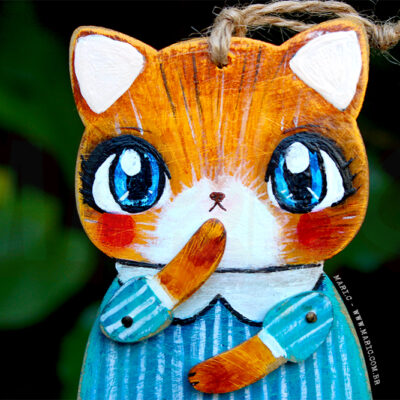 Toy Art Boneca Móvel de Madeira Gato Listrado com Pintura Rústica Cottagecore