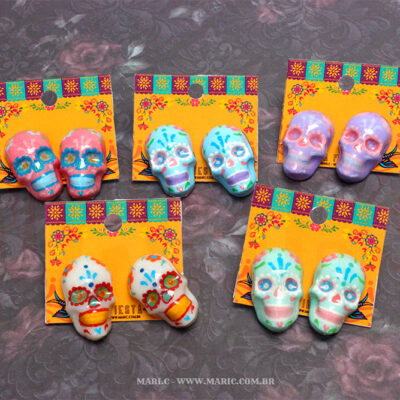 Brinco Caveira Mexicana Dia de Los Muertos México com Base em Aço Inox